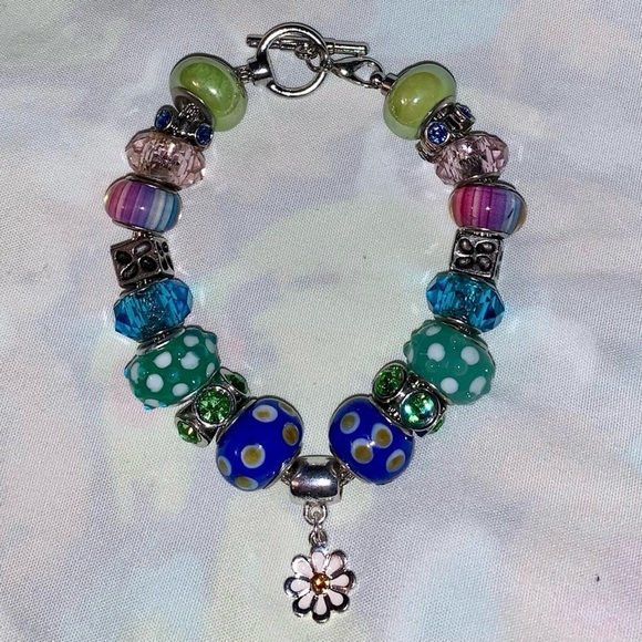 Handmade Bracelet, Springtime, Colorful, Daisy, Glass Beads, Charms, Crystal Bea - Picture 2 of 5